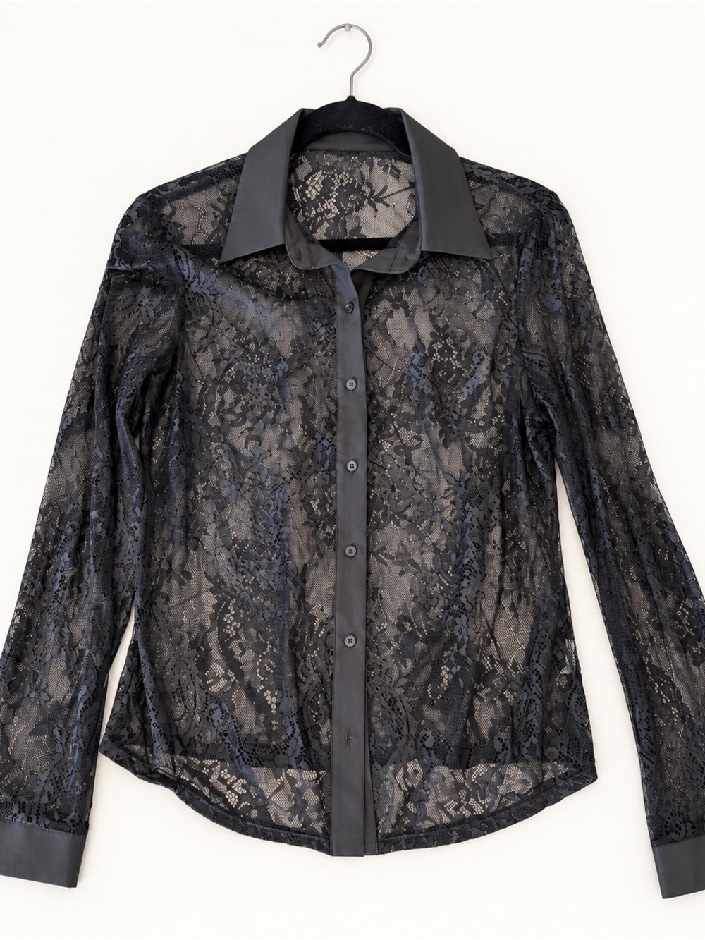 SHEIN Black Sheer Lace Button-Down Shirt